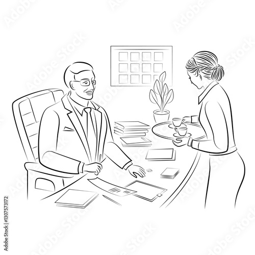 Girl serves two cups of tea, coffee on a tray to a male boss. Secretary in the office. Vector illustrations.