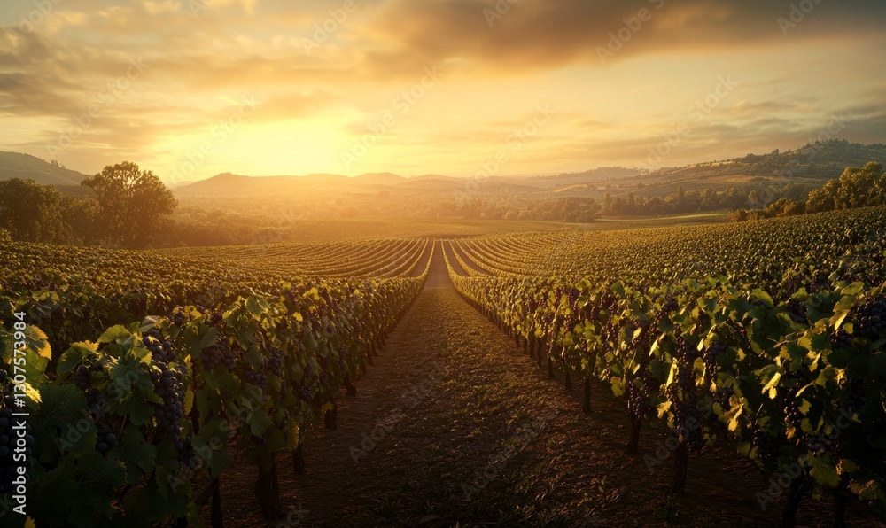 Fototapeta premium Golden Sunset Over Vineyard Rows