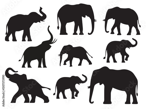 set of silhouettes of elephants