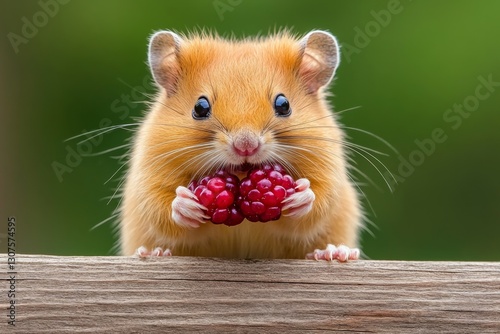 A dormouse clutching a berry in its tiny paws, staring at the camera