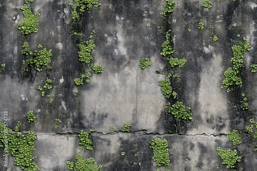 Seamless textured concrete wall with patches of green moss and small plants growing in the cracks, showcasing a blend of gray and green tones.
