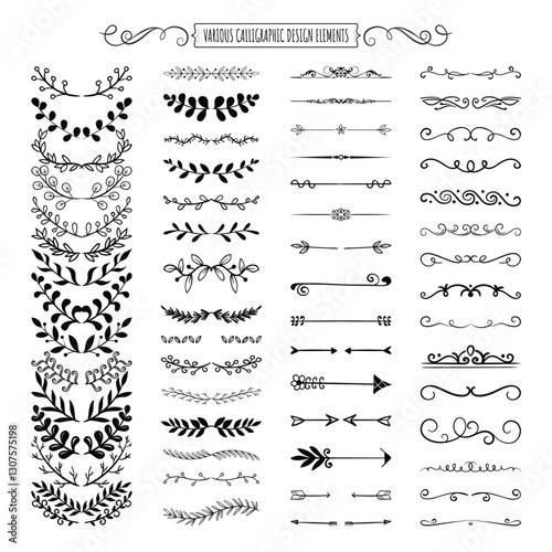 Floral and Leaf Ornament Dividers Hand-Drawn Vine Decorations Elegant Floral Borders Intricate Leaf Ornaments Ink Flourishes Arrow Embellishments Victorian Style Doodles Decorative Sketched Vector Set