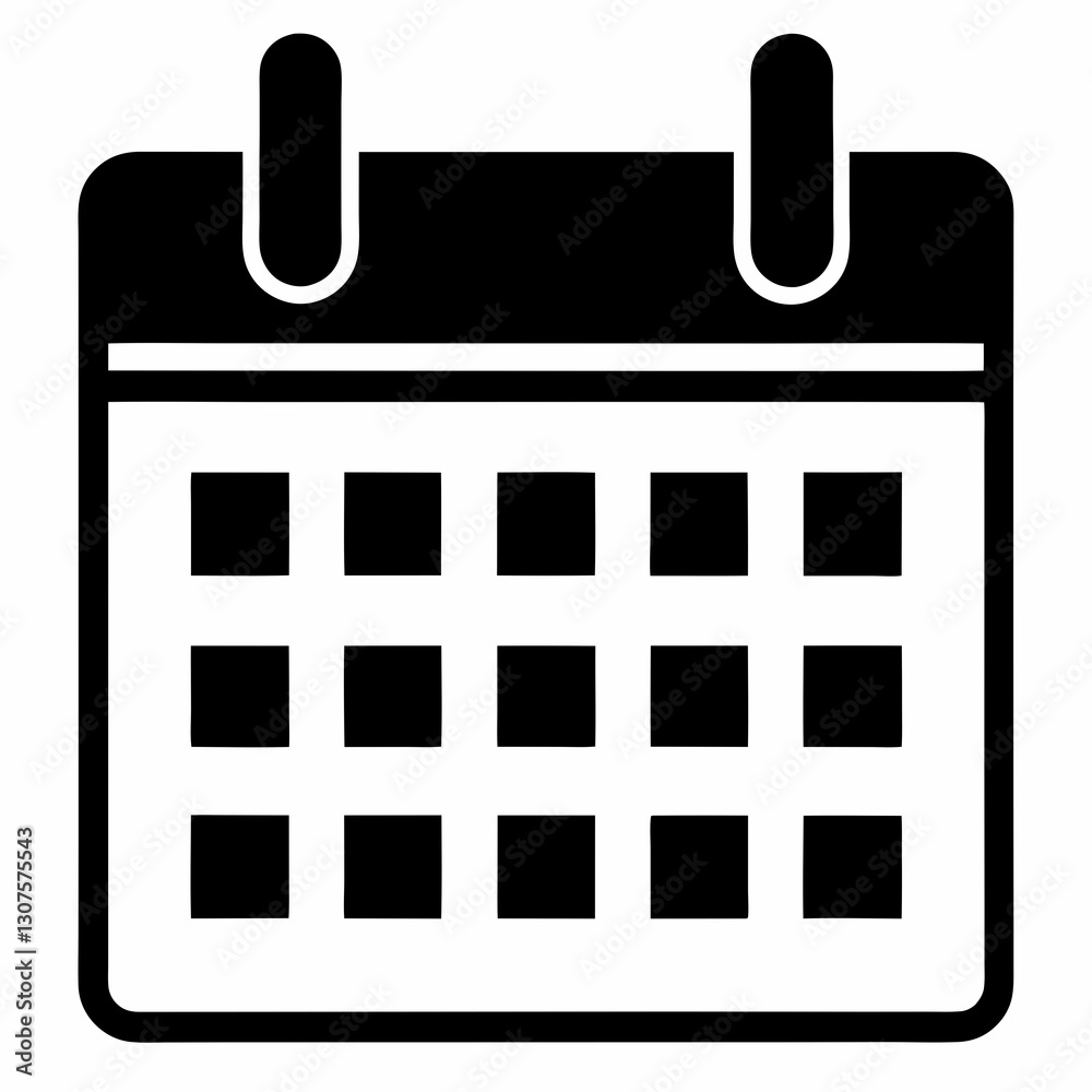 modern calendar icon with clips and grid, black and white line art
modern calendar icon with clips and grid, black and white line art