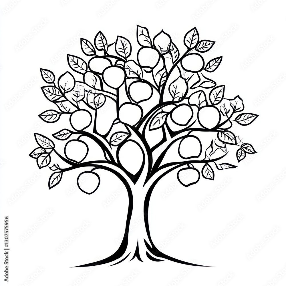 Obraz premium Fruit Tree Drawing, Black and White
