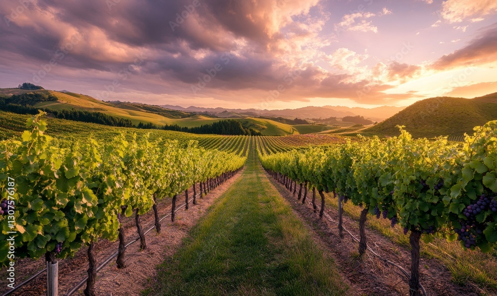 Fototapeta premium Vineyard Rows at Sunset (2)