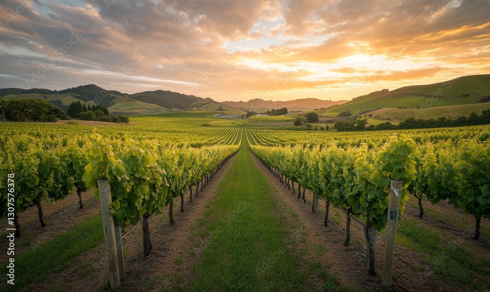 Fototapeta premium Vineyard Rows at Sunset (1)
