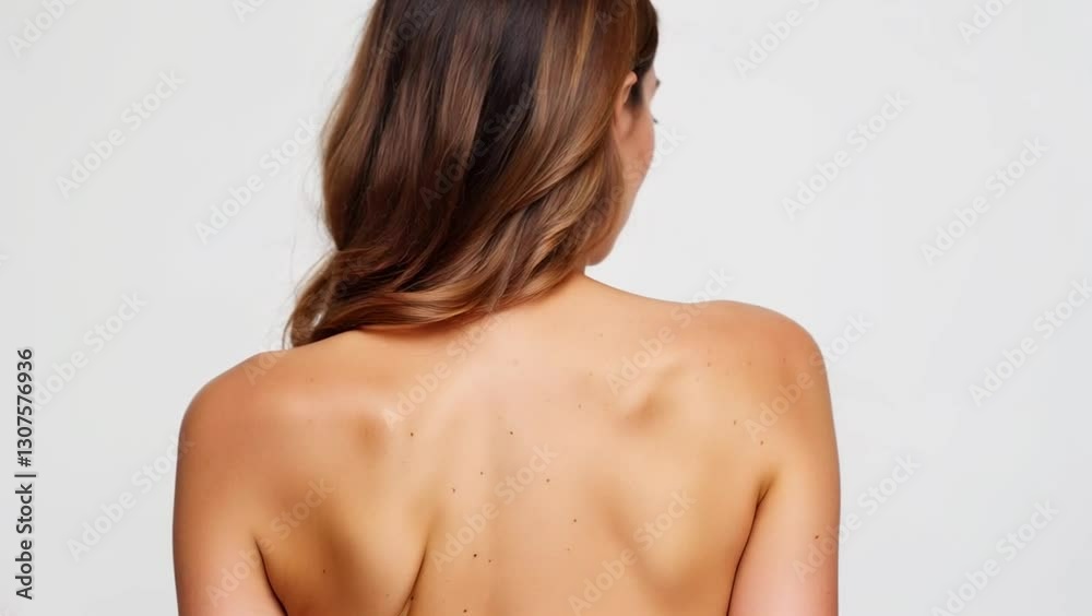 Brunette with a bare back, standing with her back to the viewer in profile, turning her face away Brunette with a bare back, standing with her back to the viewer in profile, turning her face away
