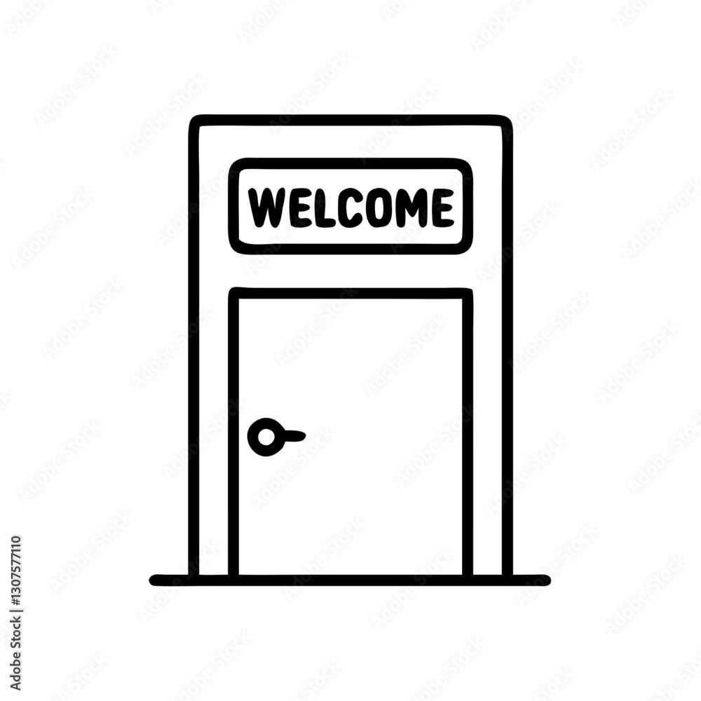 Office door with welcome sign, business entrance icon Office door with welcome sign, business entrance icon