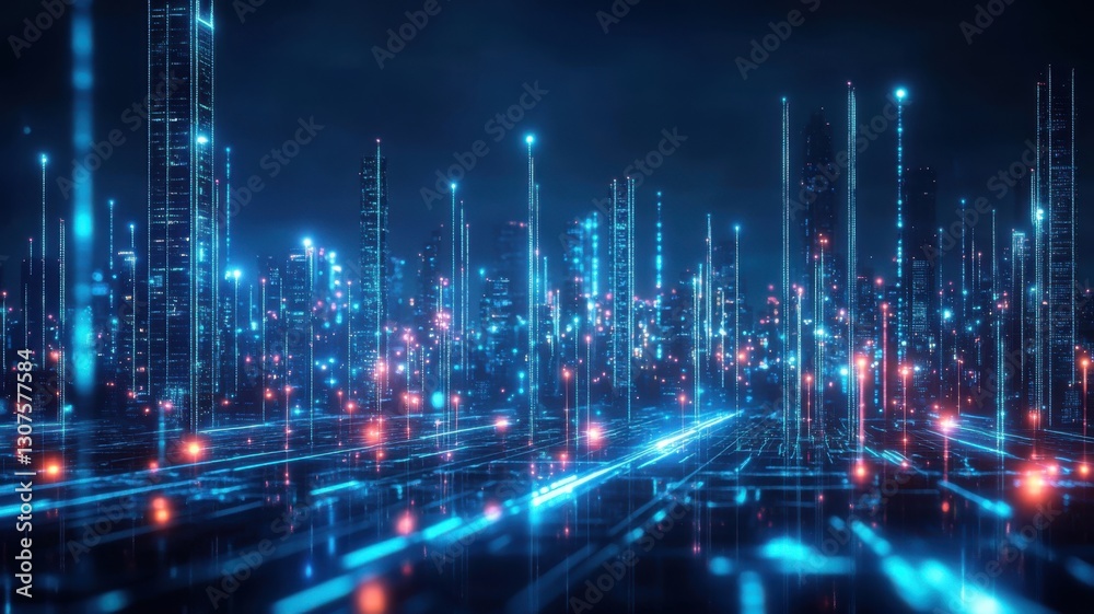 Futuristic cityscape with neon lights in a digital landscape. Big data and machine learning Futuristic cityscape with neon lights in a digital landscape. Big data and machine learning