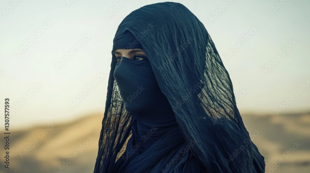 Woman in Niqab in Desert Landscape