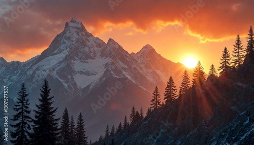 Sunset Over Snow-Capped Mountains with Pine Trees