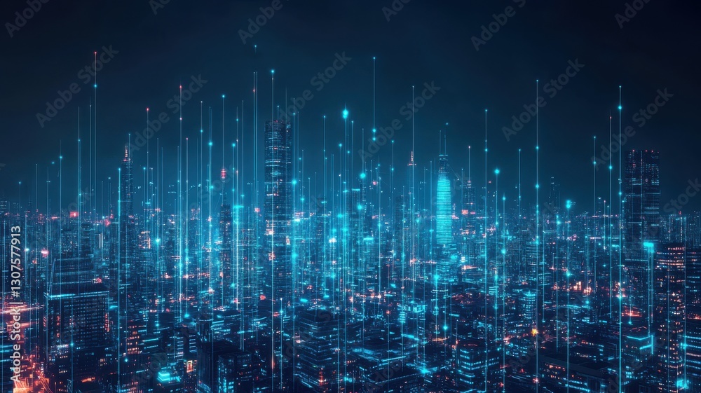 Futuristic cityscape with digital data network during night. Big data and machine learning Futuristic cityscape with digital data network during night. Big data and machine learning