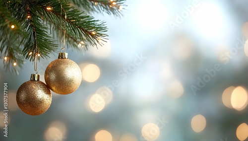 Golden Christmas ornaments hanging from a pine branch with lights against a blurred festive background, ideal for holiday cards or website banners