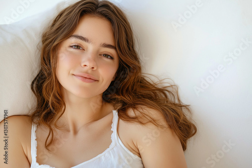 A woman sleeping on her side with white sheets and pillow, light background, close-up, peaceful facial expression, beautiful skin tone, wearing a white tank top, bright lighting, calm atmosphere
