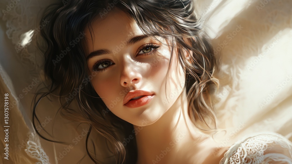 Fototapeta premium Woman's serene face, sunlit, lace background. Possible use Wallpaper, social media