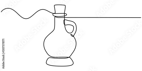 Continuous one line drawing of olives with leaves and Virgin olive oil in the glass bottle line art drawing vector illustration, Olive oil in continuous line art drawing style. Glass bottle jug oil. 