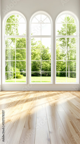 Bright interior with sunlit floor and arched windows overlooking a sunny garden, ideal for residential home decor