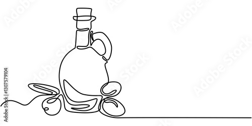 Continuous one line drawing of olives with leaves and Virgin olive oil in the glass bottle line art drawing vector illustration, Olive oil in continuous line art drawing style. Glass bottle jug oil. 