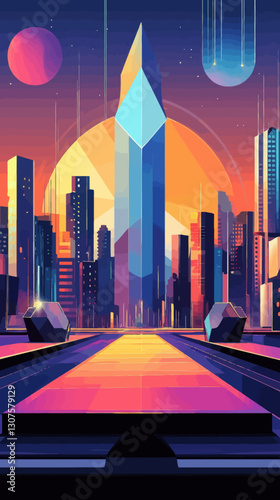 Futuristic Cityscape with Geometric Skyscrapers and Vibrant Sunset Glow