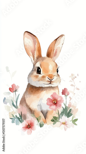 Charming Rabbit with Flowers in Watercolor Style Vector Illustration