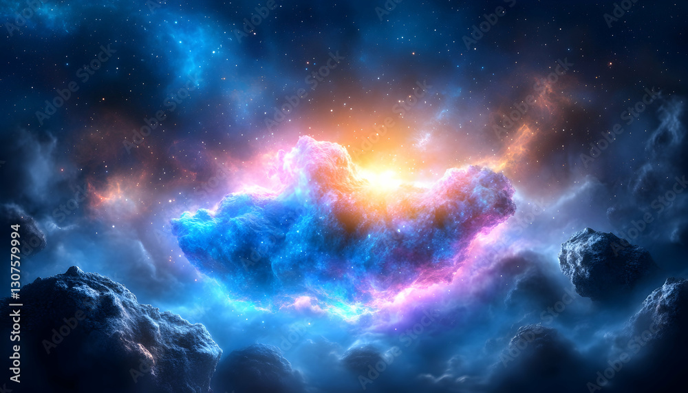 Fototapeta premium Celestial Nebula Glowing cosmic cloud drifts through starry expanse, ideal for sci-fi backgrounds