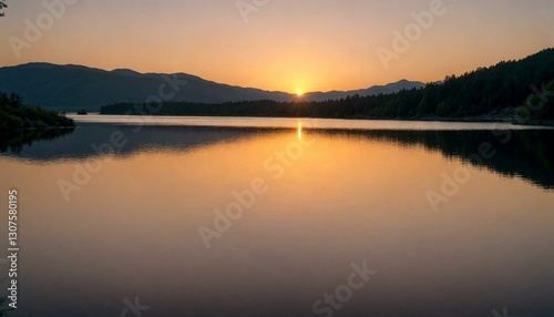 Serene Sunset Over Tranquil Lake with Forested Hills