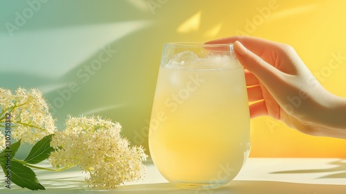 Hand Holding Glass of Icy Elderflower Cordial, Sunlight and Blossoms