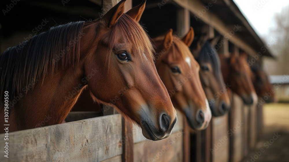 Obraz premium Horses looking out from their stalls at a stable during the golden hour of the afternoon Generative AI