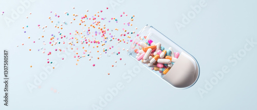 Dissolvable Medicine Capsules for Effective Drug Delivery, Colorful medicine capsules dissolving in air