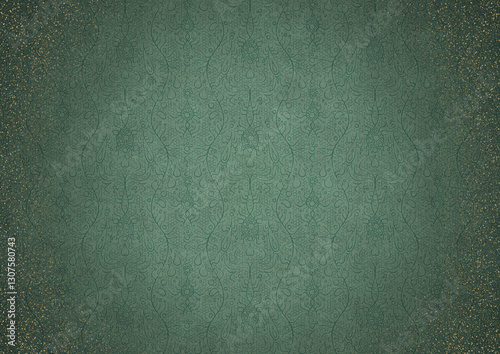 Wallpaper Mural Hand-drawn abstract ornament. Dark green on light cold green background, with vignette of darker background color and splatters of golden glitter. Paper texture. A4. (pattern: p13-2c) Torontodigital.ca