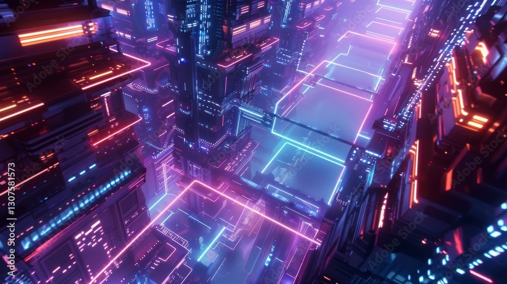Aerial View of a Futuristic City at Night with Glowing Neon Lights and Pink Purple Buildings Aerial View of a Futuristic City at Night with Glowing Neon Lights and Pink Purple Buildings