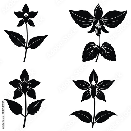 Set of black silhouettes of Yellow Archangel  flowers. Vector illustration.