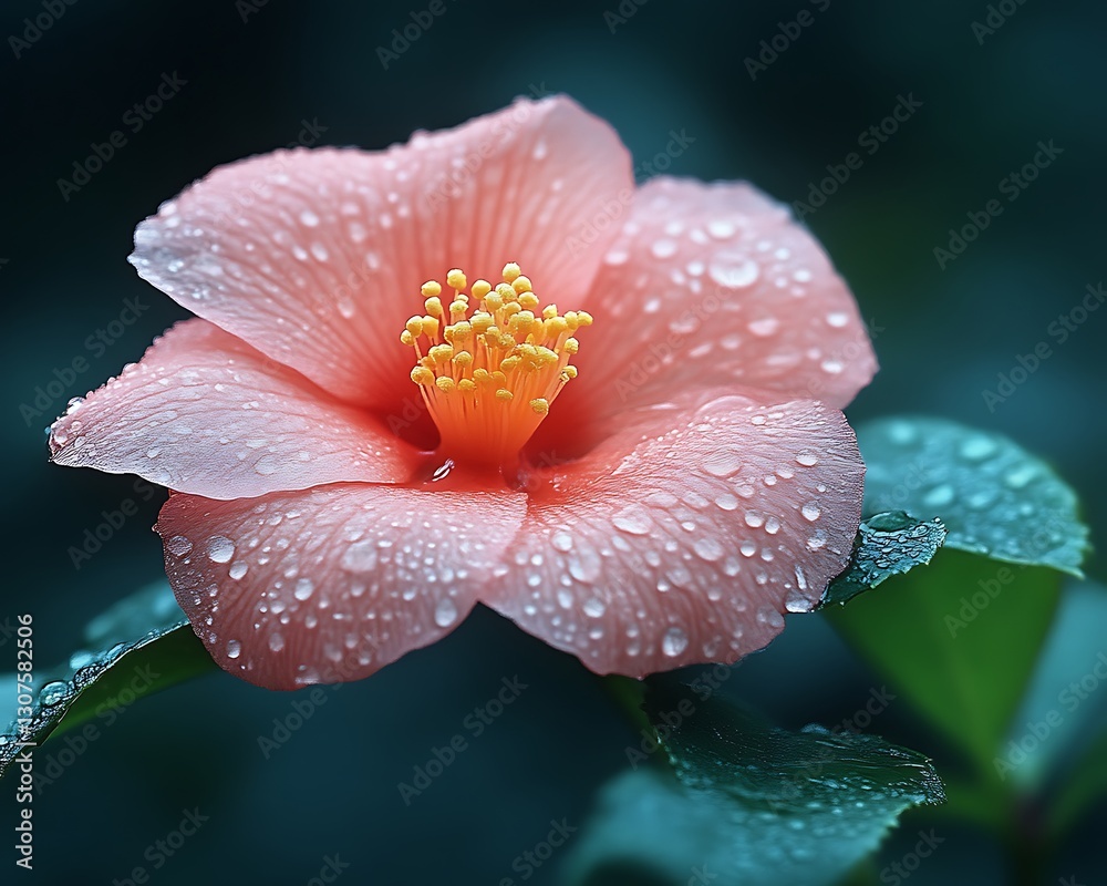 Fototapeta premium Pink flower blooms, droplet covered, garden