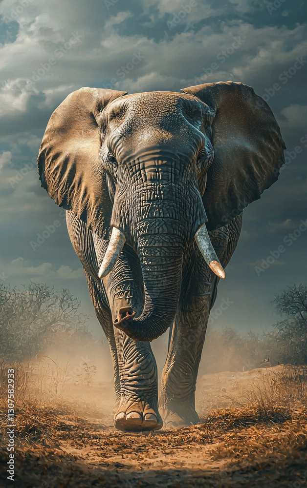 Fototapeta premium Elephant walks across a grassy savanna. Warm light from the sunset illuminates the landscape. Wildlife scene in a natural outdoor setting.