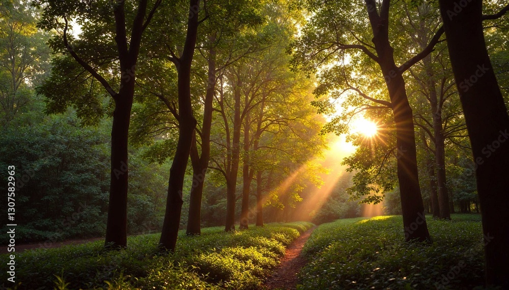 Obraz premium Golden Sunlit Forest Path Inviting Exploration