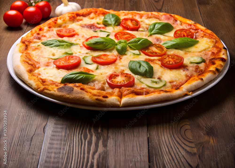Freshly Baked Pizza with Tomatoes and Basil on Rustic Wooden Table