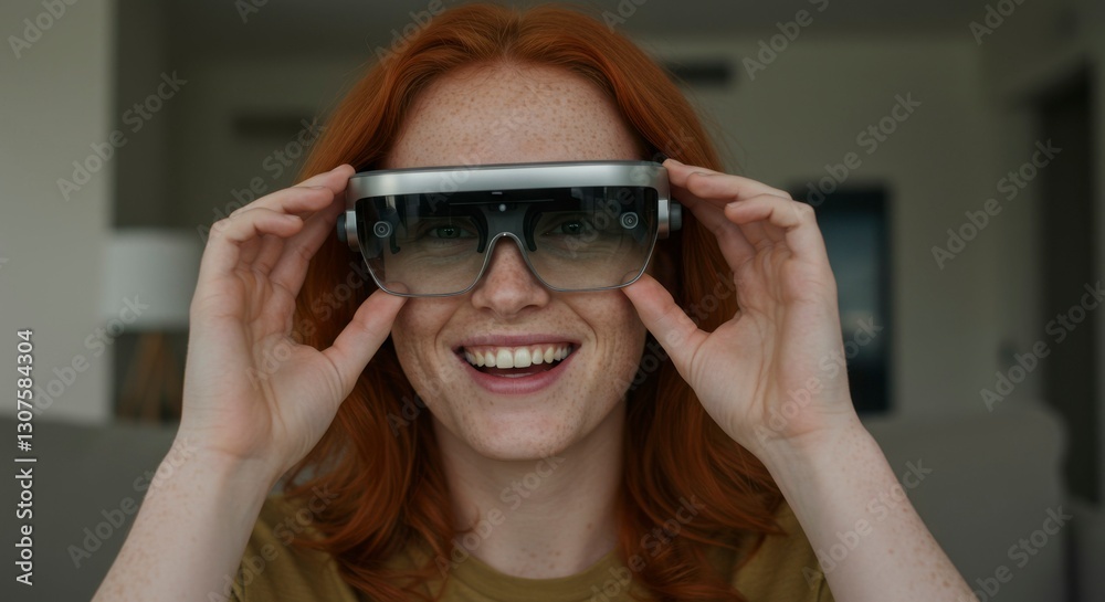 Naklejka premium Woman VR Glasses Happy Home