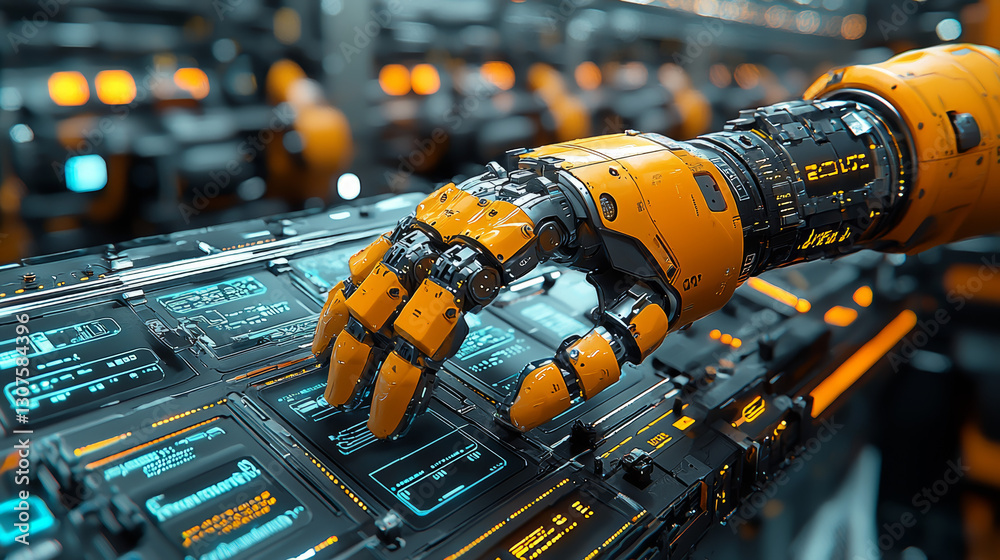 Futuristic Robotic Hand Interacting with High-Tech Control Panel Futuristic Robotic Hand Interacting with High-Tech Control Panel