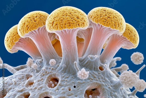 A hyper-detailed close-up of soil microorganisms actively breaking down organic matter into nutrients