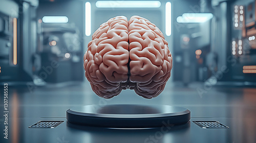 Futuristic floating brain in a high-tech laboratory
