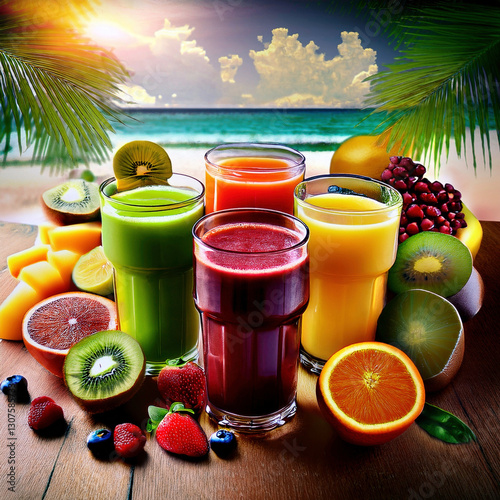 Jugos de frutas frescas, deliciosas y refrescantes. Zumos naturales.  photo