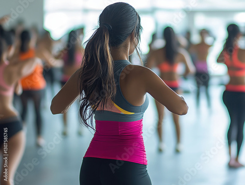 Group fitness class in a bright studio with diverse participants practicing aerobic dance routines during daytime