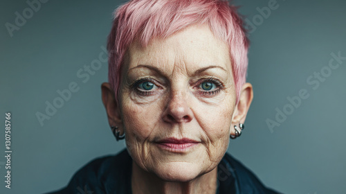 Portrait of an elderly woman with short pink hair and striking blue eyes expressing confidence and wisdom in a neutral setting