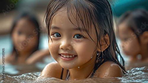 Young girl smiling in a pool on a sunny day with friends nearby enjoying splashes and laughter
