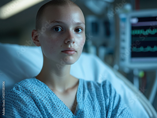 Young patient in hospital gown reflecting resilience during recovery in a calm medical environment