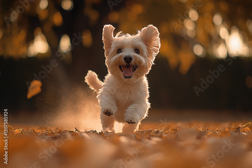 Small dog joyfully running through autumn leaves in a park during golden hour
