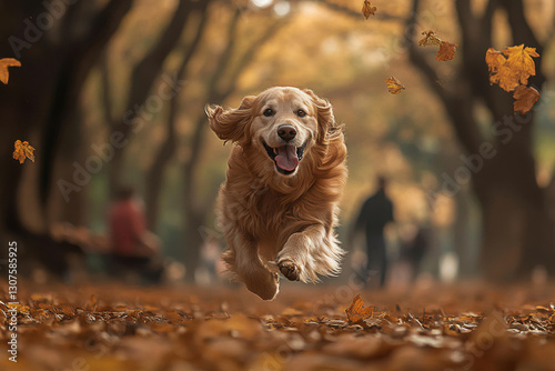 Golden retriever enjoys a joyful run through autumn leaves in a park with people nearby