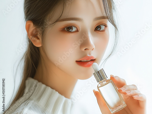 Young woman holding a skincare serum in a softly lit indoor space during the day