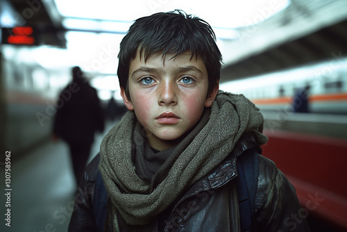 Young boy standing in a subway station with striking blue eyes and a scarf, waiting for a train during a quiet moment in the early morning