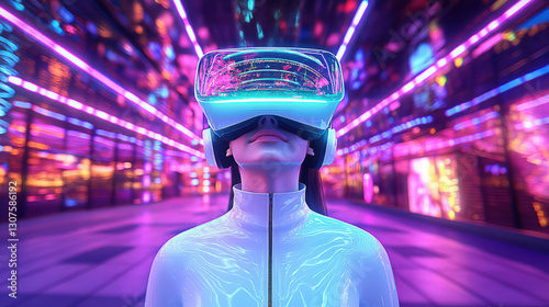 Exploring virtual reality in a neon-lit futuristic city atmosphere